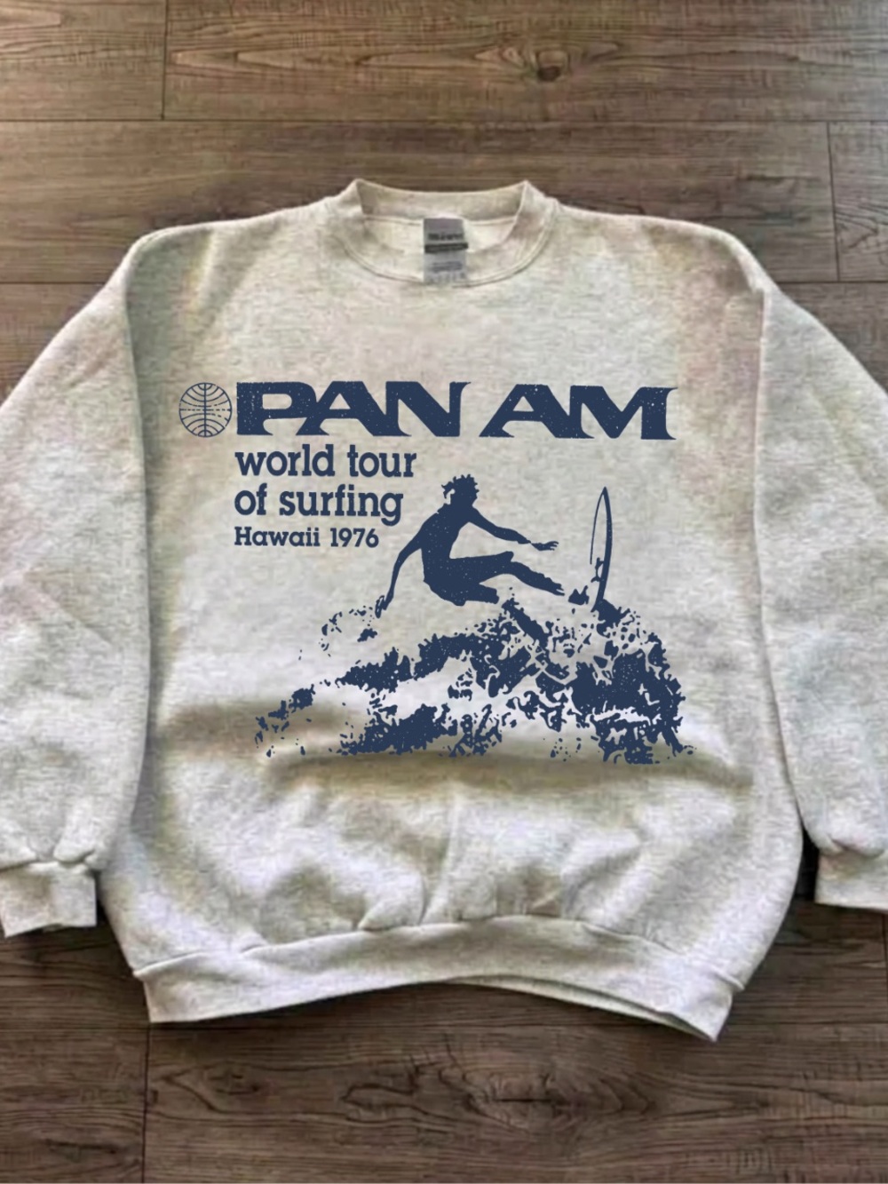 Gildan Light Gray Crewneck with Navy Pan Am Surf Graphic